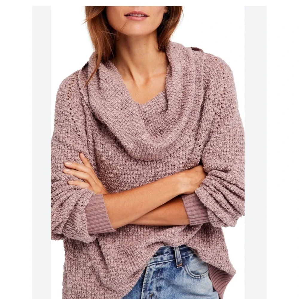 Free People Cowl Neck‎ Sweater Womens Large Mauve Pink Excellent Textured Knit